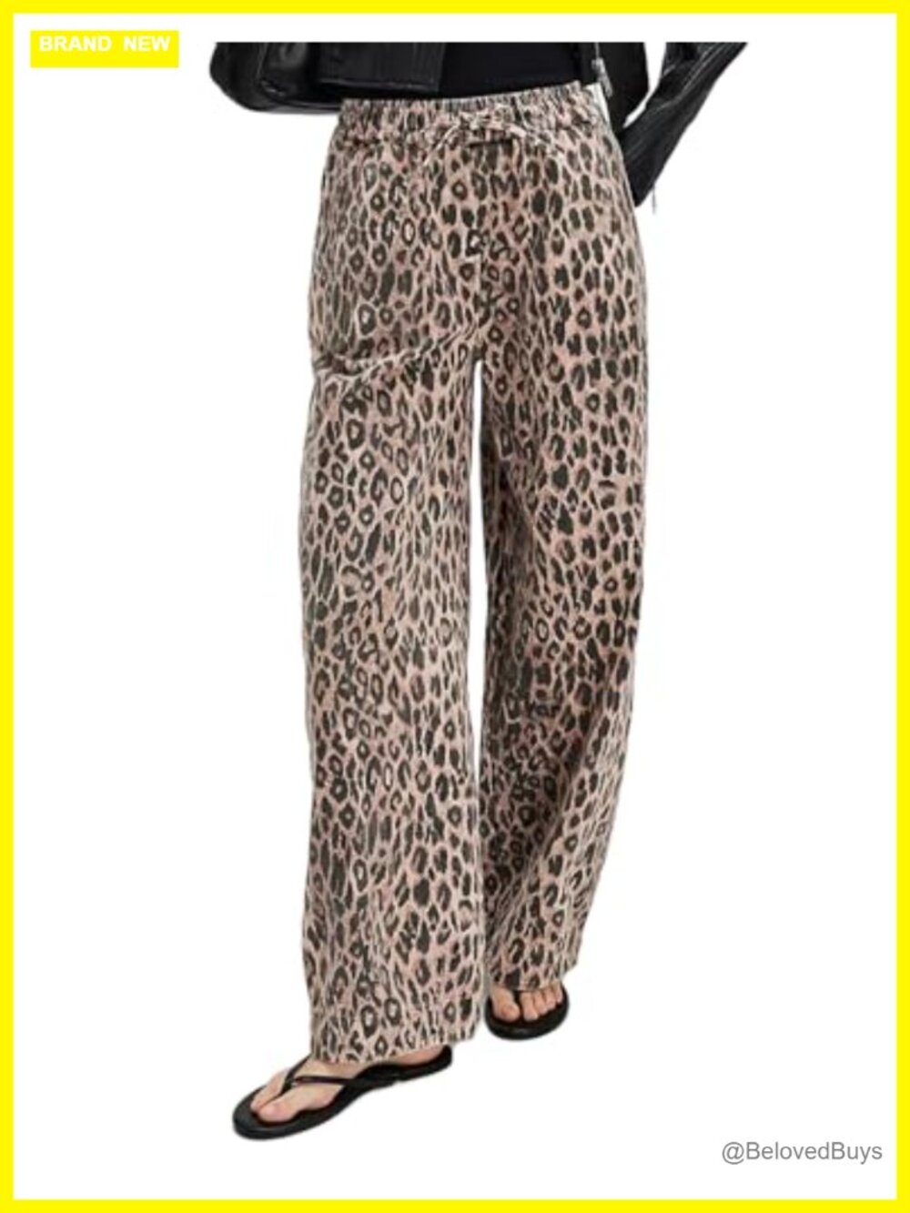 Baggy Wide Leg Leopard Print Jeans with Elastic Waist Drawstring Y2K Pants